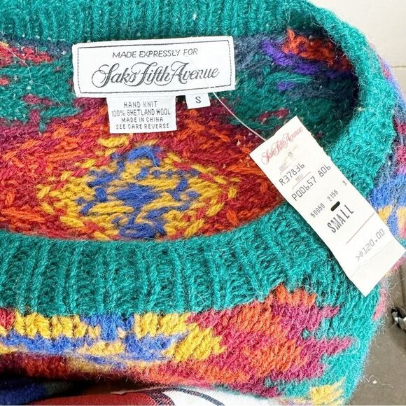 Vintage 90s Saks Fifth Avenue 100% Wool Chunky Colorful Pullover Sweater Small - Picture 7 of 7